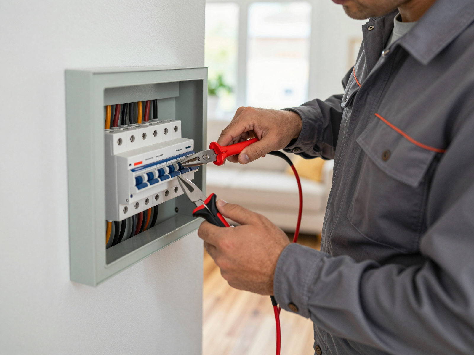 Professional electrician performing electrical work